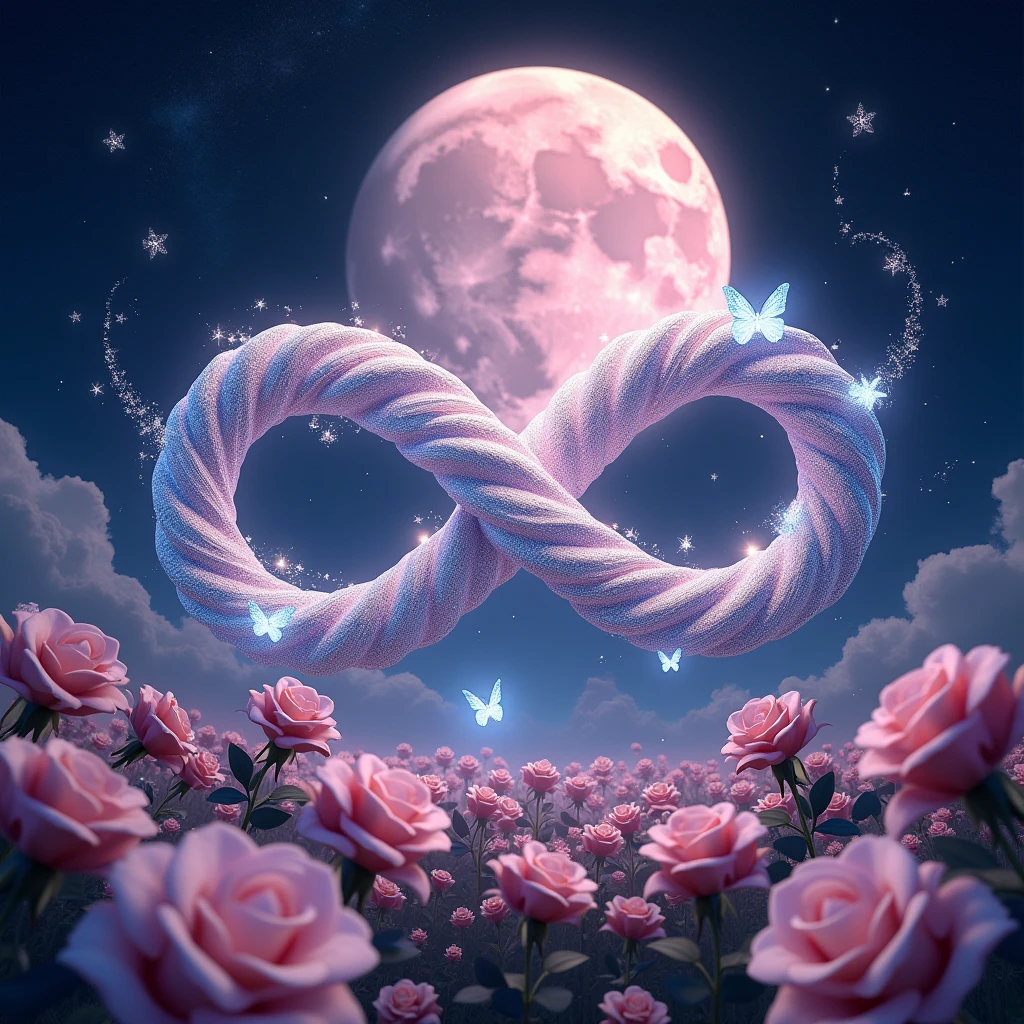 High resolution, masterpiece, Highest quality, High detail, Infinity、symbol、Infinity Mark、煌めくstar出できている輝くマーク、mysterious、myth、大きなPale pinkの月の背景、Sparkle、Night Sky、High resolution, masterpiece, Highest quality, High detail, Infinity、symbol、Infinity Mark、リボンとSparkleでできている輝くInfinity Mark、mysterious、myth、大きなPale pinkの月の背景、Sparkle、Night Sky、Close-up, Wide angle,
Night Skyに煌めくstarの中に輝くInfinity Mark、Behind the mark is a big pink moon、star、star空の下には薔薇、Pale pink、Light color、Glowing Butterfly、roseの花園、rose