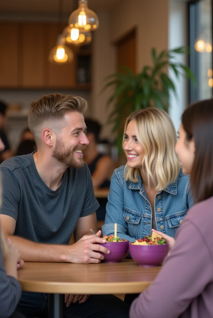 Realistic man and wife 25-35 years old, At the acai shop ,blonde hair eating acai , with friends Ultra HD, high qualiy, best qualityer, high resolution, 8k, 16K