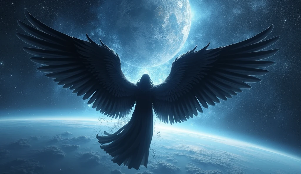 black angel flying around the planet earth