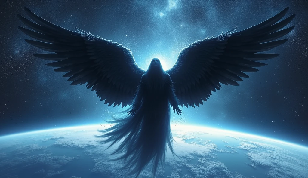 black angel flying around the planet earth