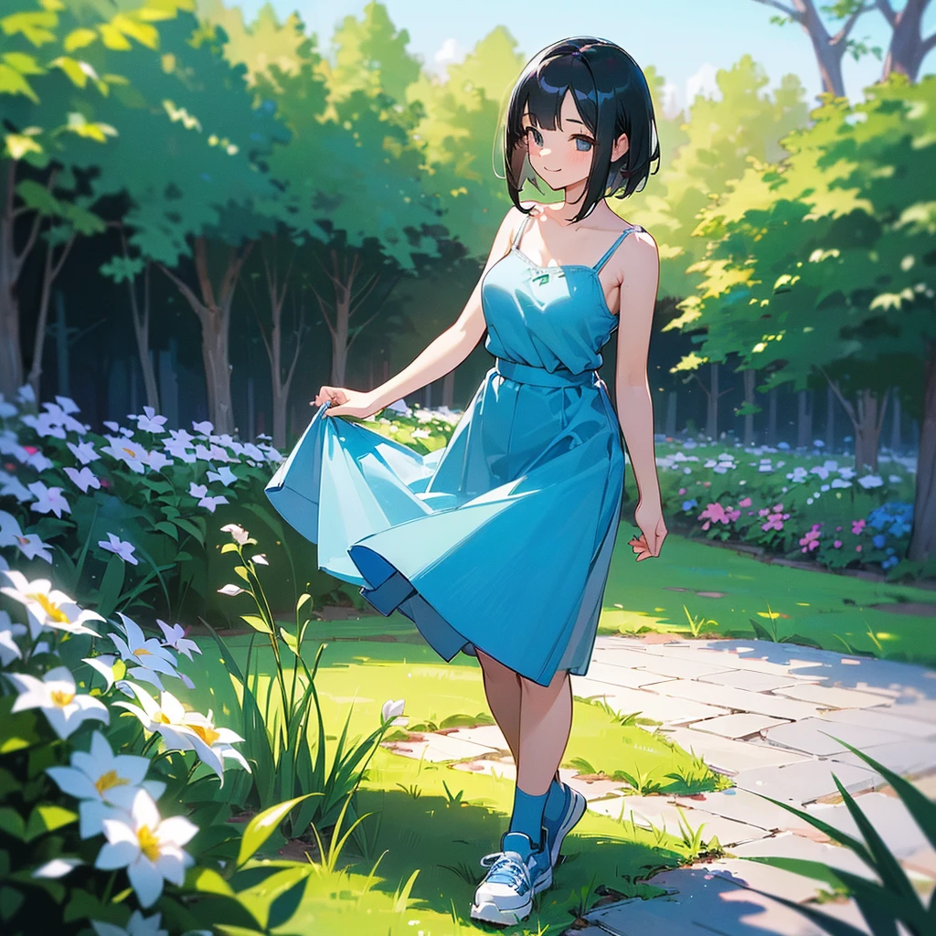 (high quality, High resolution, Very detailed, reality:1.37), Peaceful atmosphere, (Outdoor, garden), age girl standing alone, (my breasts are big.), Beautiful details, Cute Smile, (Black bob hair), camisole, Blue Skirt, Blue socks, sneakers.