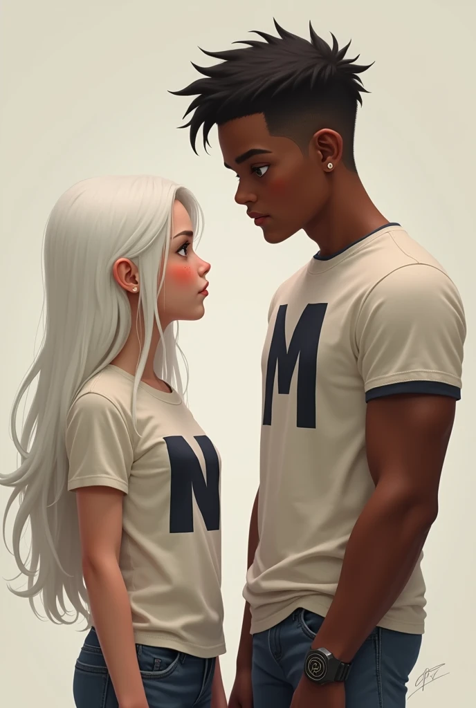 (photorealism:1.2), of a short, long-haired white girl wearing a t-shirt with an N on it, and a tall dark-skinned boy, strong, brown eyes with a t-shirt of a m