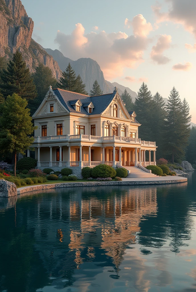 A 12-bedroom mansion with a balcony overlooking a lake