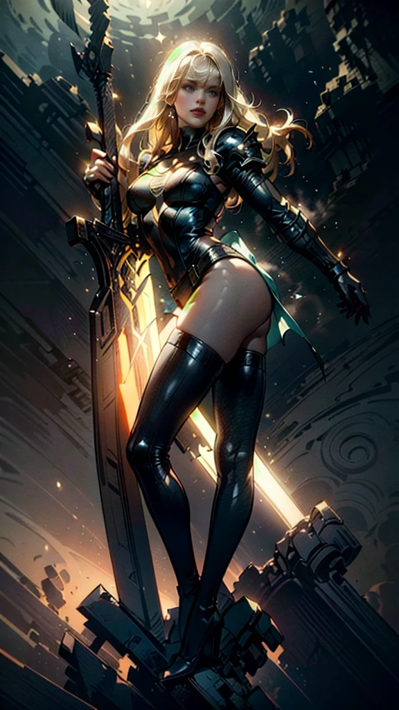 A full body portrait of Magik of X-men, Illyana Rasputin, with long white hair, piercing blue eyes, wearing a low cut unitard with high cut legs, tight thigh high boots, holding a glowing magical sword in a side view, making a huge overhead swing of the sword, in a mystical realm with swirling energy, best quality, 8k, highres, masterpiece, ultra-detailed, concept art, dark fantasy, digital painting, dramatic lighting, cinematic, intricate details, ethereal, otherworldly atmosphere