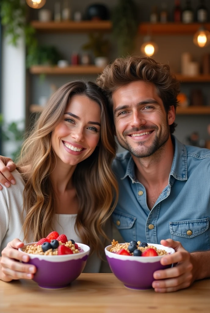 Realistic man and wife 25-35 years old, At the acai shop ,brown hair eating acai , with friends Ultra HD, high qualiy, best qualityer, high resolution, 8k, 16K
