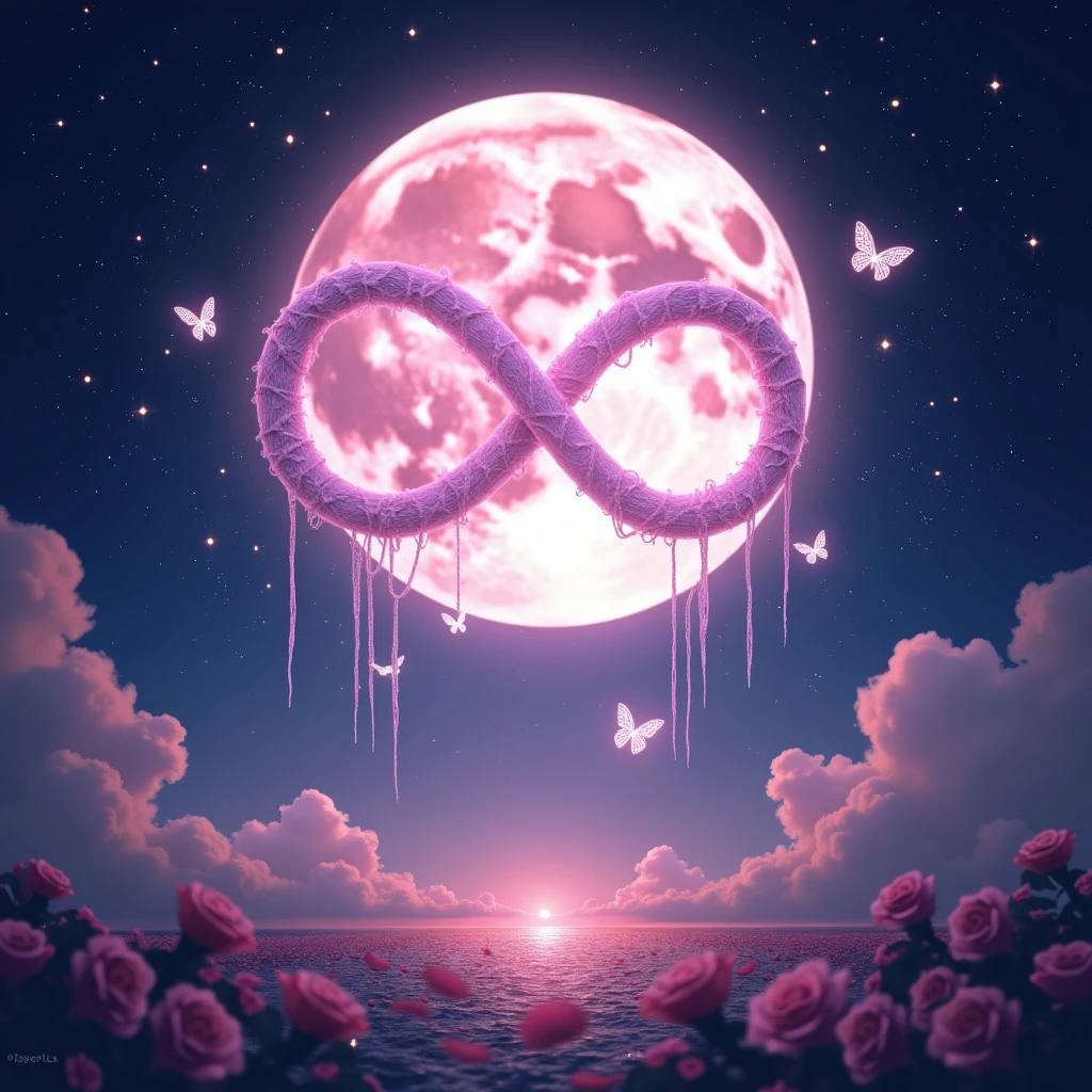 High resolution, masterpiece, Highest quality, High detail, Infinity、symbol、Infinity Mark、煌めくstar出できている輝くマーク、mysterious、myth、大きなPale pinkの月の背景、Sparkle、Night Sky、Close-up, Wide angle, 
Night Skyに煌めくstarの中に輝くInfinity Mark、Behind the mark is a big pink moon、star、star空の下には薔薇、Pale pink、Light color、Glowing Butterfly、Expressions of love