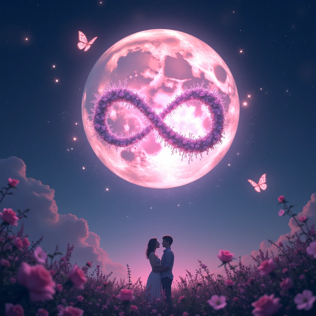 High resolution, masterpiece, Highest quality, High detail, Infinity、symbol、Infinity Mark、煌めくstar出できている輝くマーク、mysterious、myth、大きなPale pinkの月の背景、Sparkle、Night Sky、Close-up, Wide angle,
Night Skyに煌めくstarの中に輝くInfinity Mark、Behind the mark is a big pink moon、star、star空の下には薔薇、Pale pink、Light color、Glowing Butterfly、Expressions of love