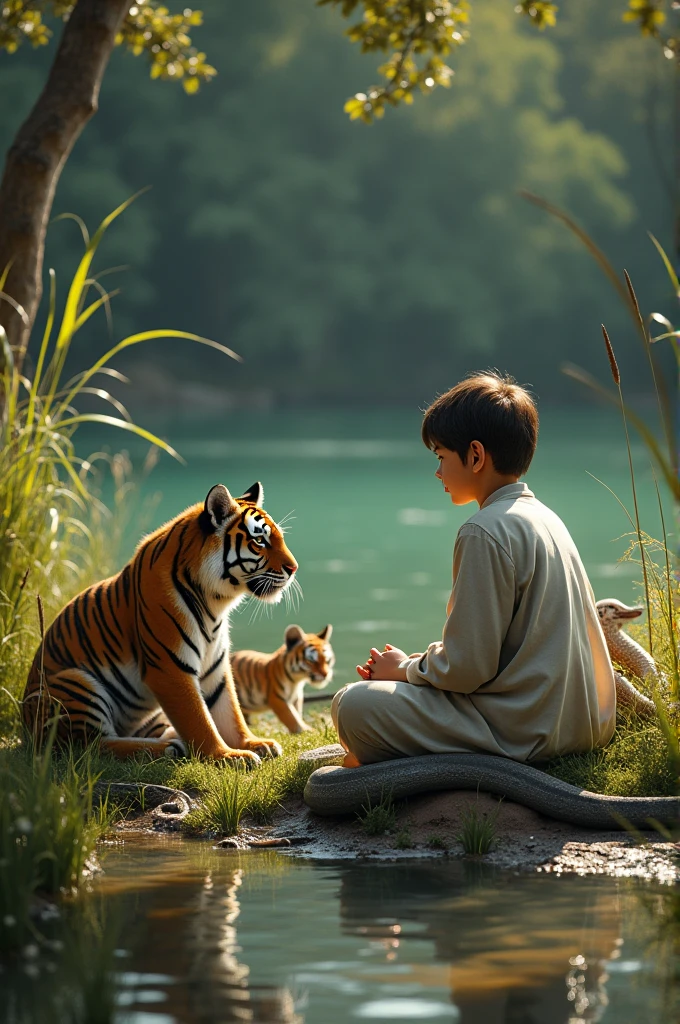 A Muslim boy sits on the bank of a river, surrounded by tigers and snakes