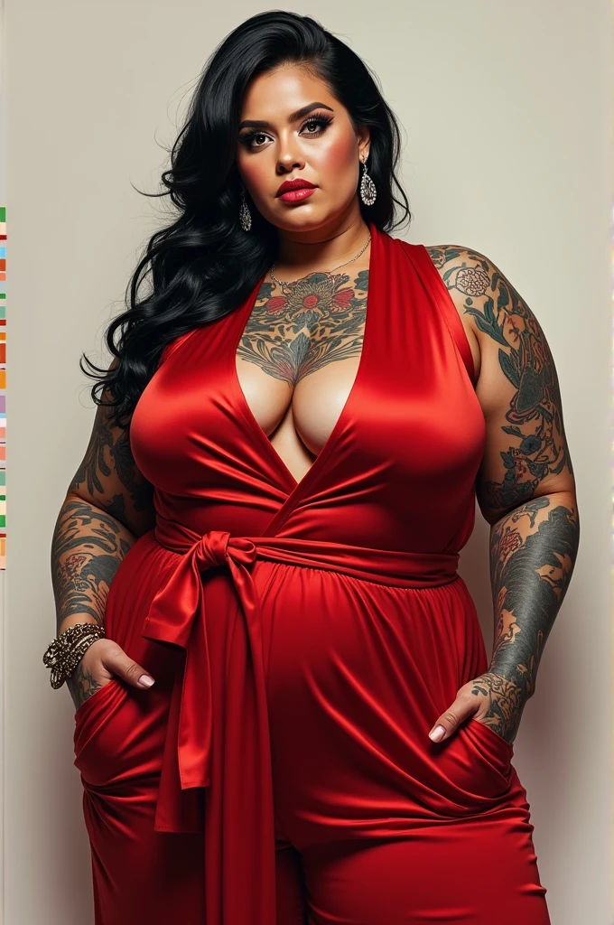 arafed woman with tattoos and a red robe posing for a picture, a hyperrealistic painting by Dave Arredondo, Artstation contest winner, hyperrealism, hyperrealistic full figure, extremely detailed woman, hyper realistic illustration, hyperrealistic illustration, tattooed body, a portrait of a plump woman, heavy ink, photorealistic illustration, ultra realistic illustration