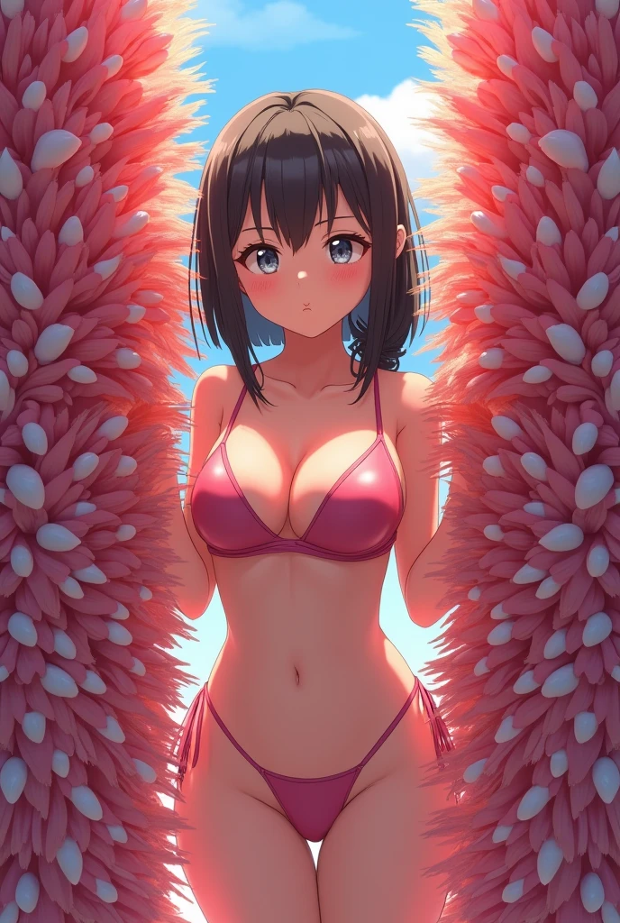 High resolution, Blushing, Highest quality, Anatomically correct, Character portrait, Swimwear、anime, Two large poles、It is densely covered with colorful, fluffy, thin brush.、Similar to Cup Brush、They are lined up without any gaps.、is stuck between the poles、Close tightly、Visible through the gap