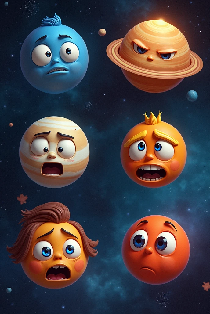 Planets with visible expressions of emotions of sadness, cheerfulness, fear and anger.