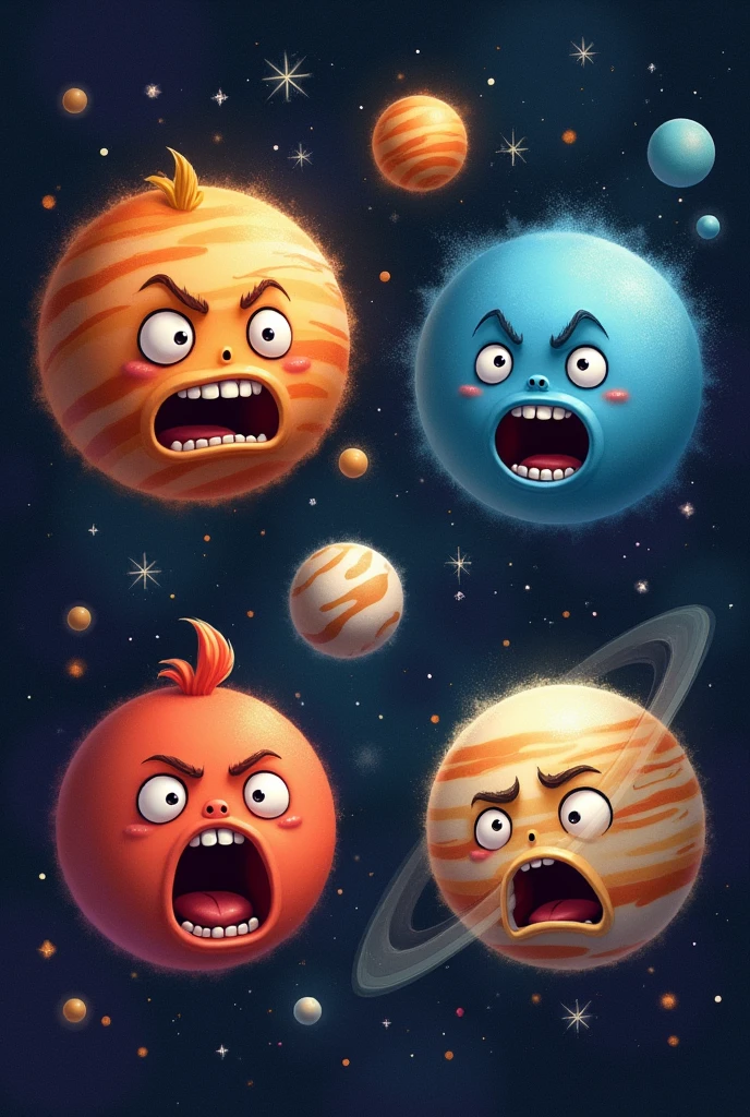 Planets with visible expressions of emotions of sadness, cheerfulness, fear and anger.