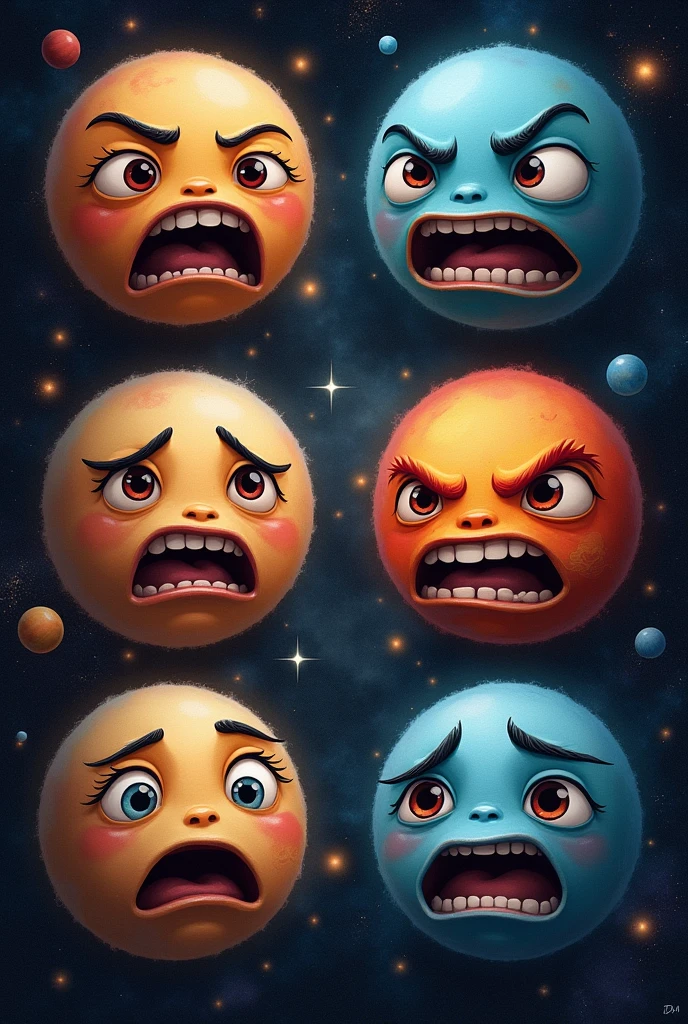 Planets with visible expressions of emotions of sadness, cheerfulness, fear and anger.