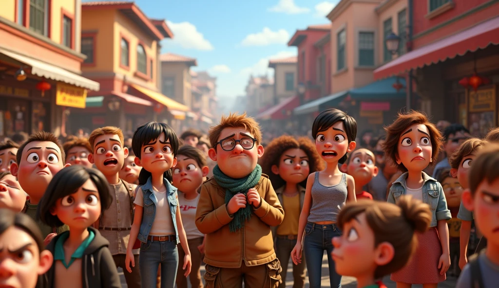 Im Stil wonn Pixar 3D Animation Film. A large group of annoyed people in a marketplace.