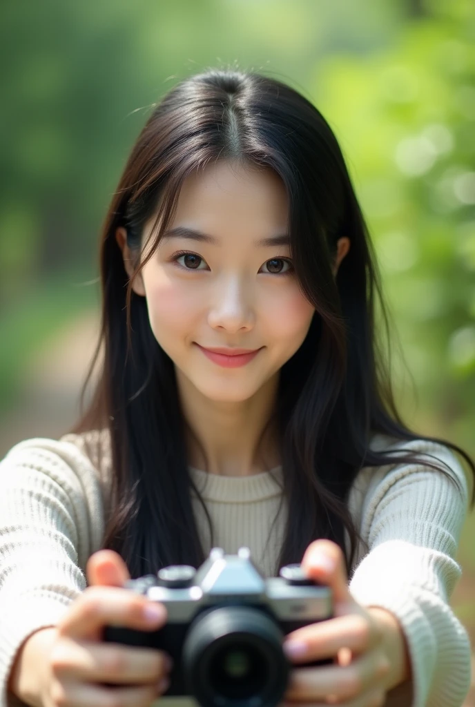 A fair-skinned Japanese woman walking outside。Portrait。Selfie-style photo taken with hands stretched out。