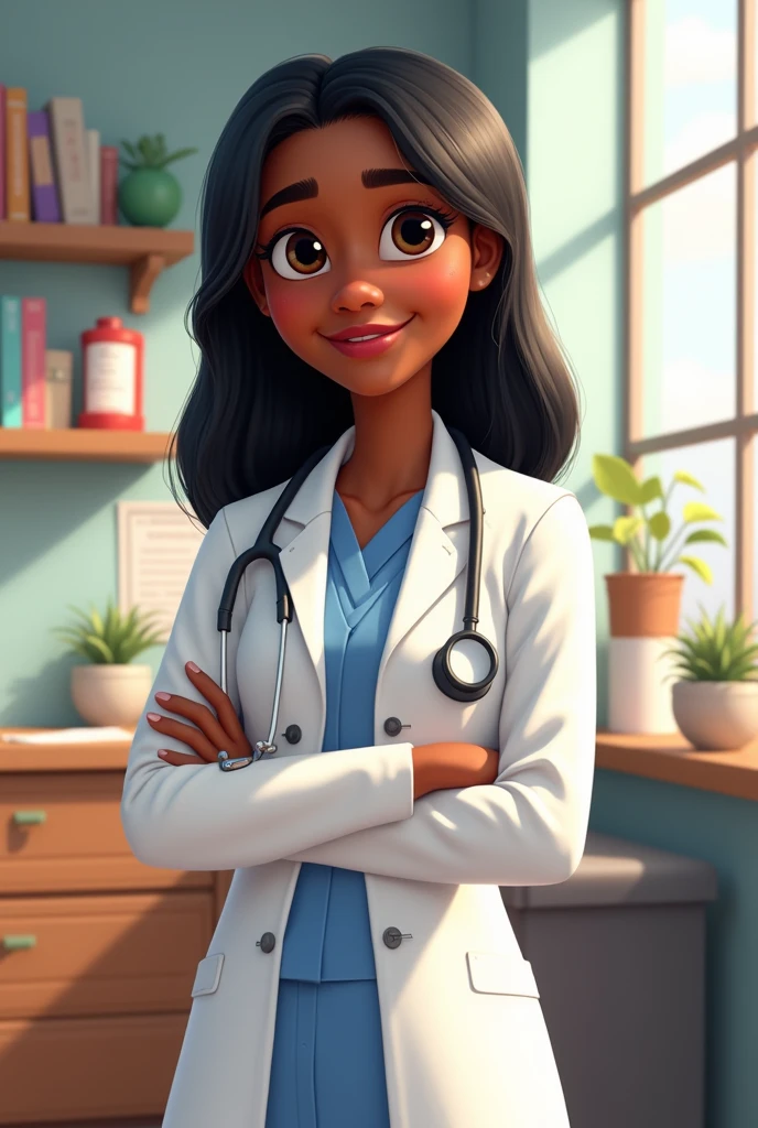 Animated Pixar image black skin doctor, black straight hair, medical gown stethoscope in a doctor's office