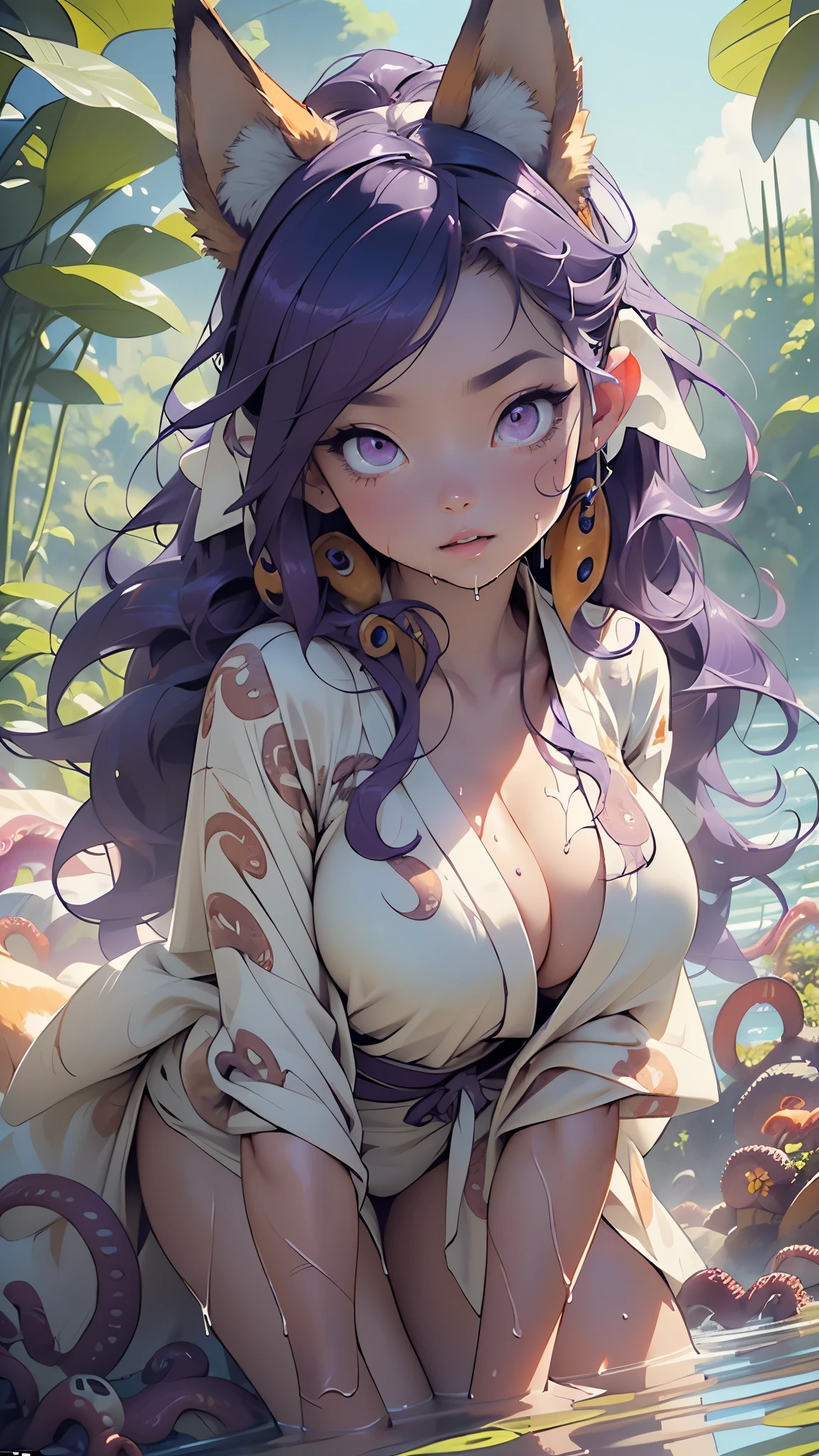 ((Kitsune)),Kitsune girl,1girl,((Fox ears:1.5)),(Kitsune girl covered by monster tentacles),
(large breasts:1.4),((((very long hair,purple long hair,purple messy hair,purple hair)))),(((purple_eyes:1.3))),intricate eyes,beautiful detailed eyes,big eyes:1.5,((((lustrous skin:1.5,tanned skin,bright skin: 1.5,skin tanned,shiny skin,very shiny skin,shiny body,Reflective skin,wet skin)))),(spider lower abdomen,narrow waist,wide hip,athletic body,inflated legs,thick thighs,(detailed face)),beautiful detailed lips,
cute,slutty,sensual,seductive look,seductive,((erotic)),((nsfw)),
((aqua kimono:1.2)),(kimono,half-naked kimono:1.5),clavicle,(cleavage:1.2),(((wet kimono))),
((Laying in water)),(((Tentacle monster in background:1.5))),((((tentacles wrapped around female:1.5)))),((((covered in tentacles:1.5)))),((((fully restrained by tentacles)))),
(sensual pose:1.3), looking at viewer,((accepted fate,no resisting,slight smile)),centered,scale to fit dimensions,Rule of thirds,
outdoors,(old Japan with cherry trees and a lake),scenery,extremely scenery,(landscape of old Japan with cherry trees and a lake in background),clouds,
(Glossy tentacle ornaments),highres,sharp focus,(ultra detailed,extremely detailed),(photorealistic artwork:1.37),(extremely detailed CG unity 8k wallpaper),(((vibrant colors,vibrant theme))),(intricate),(masterpiece),(best quality),artistic photography,(photography taken by sldr),(intricate background),perfect rendered face,perfect face details,realistic face,photo realistic,((intricate detail)),(((realism))),