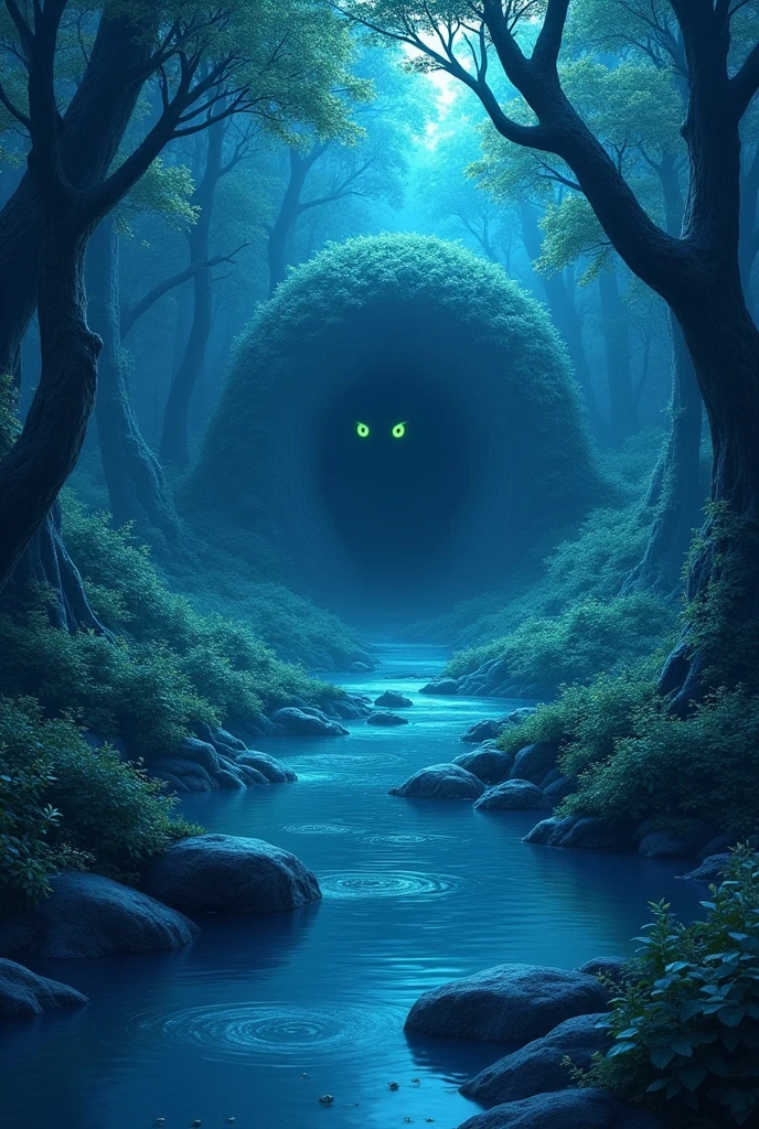 all blue  forest with a river passing by and a cave in the background, and at its entrance bright green eyes looking like ruby hidden in the shadows 