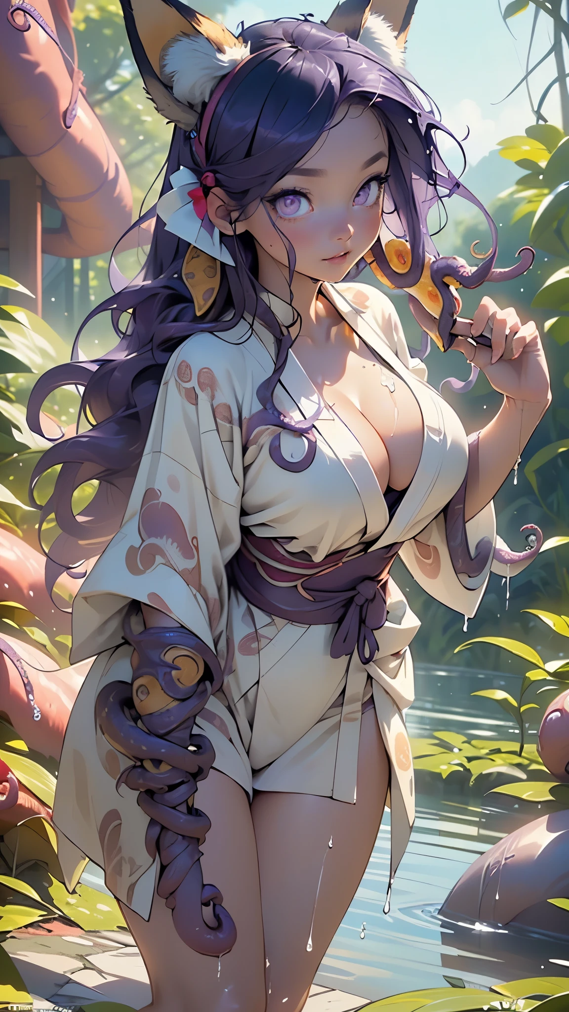 ((Kitsune)),Kitsune girl,1girl,((Fox ears:1.5)),(Kitsune girl covered by monster tentacles),
(large breasts:1.4),((((very long hair,purple long hair,purple messy hair,purple hair)))),(((purple_eyes:1.3))),intricate eyes,beautiful detailed eyes,big eyes:1.5,((((lustrous skin:1.5,tanned skin,bright skin: 1.5,skin tanned,shiny skin,very shiny skin,shiny body,Reflective skin,wet skin)))),(spider lower abdomen,narrow waist,wide hip,athletic body,inflated legs,thick thighs,(detailed face)),beautiful detailed lips,
cute,slutty,sensual,seductive look,seductive,((erotic)),((nsfw)),
((aqua kimono:1.2)),(kimono,half-naked kimono:1.5),clavicle,(cleavage:1.2),(((wet kimono))),
((Laying in water)),(((Tentacle monster in background:1.5))),((((tentacles wrapped around female:1.5)))),((((covered in tentacles:1.5)))),((((fully restrained by tentacles)))),
(sensual pose:1.3), looking at viewer,((accepted fate,no resisting,slight smile)),centered,scale to fit dimensions,Rule of thirds,
outdoors,(old Japan with cherry trees and a lake),scenery,extremely scenery,(landscape of old Japan with cherry trees and a lake in background),clouds,
(Glossy tentacle ornaments),highres,sharp focus,(ultra detailed,extremely detailed),(photorealistic artwork:1.37),(extremely detailed CG unity 8k wallpaper),(((vibrant colors,vibrant theme))),(intricate),(masterpiece),(best quality),artistic photography,(photography taken by sldr),(intricate background),perfect rendered face,perfect face details,realistic face,photo realistic,((intricate detail)),(((realism))),