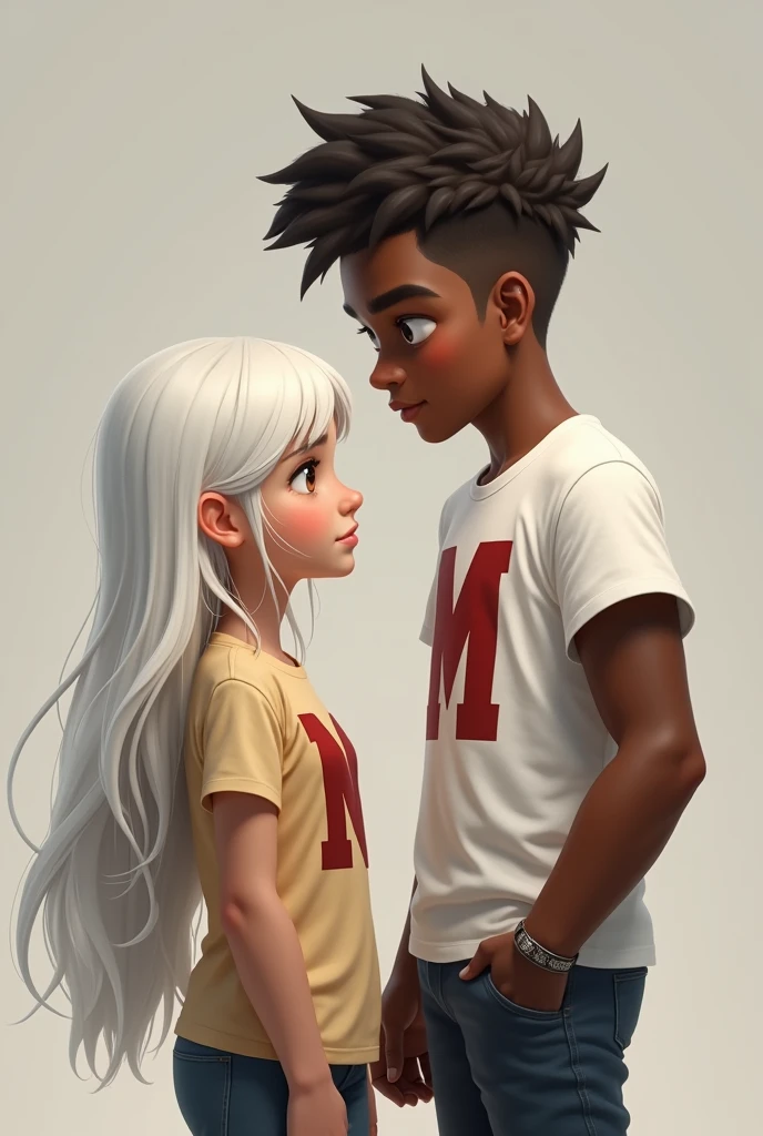 (photorealism:1.2), of a short, long-haired white girl wearing a t-shirt with an N on it, and a tall dark-skinned boy, strong, brown eyes with a t-shirt of a m