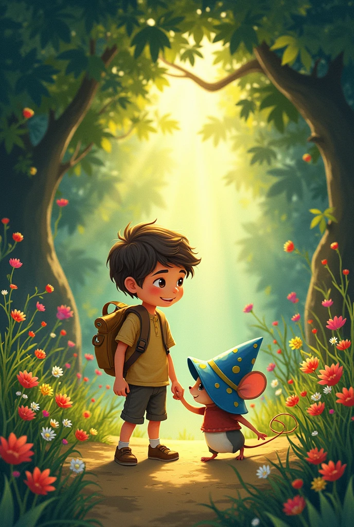 Create a series of illustrations based on the children&#39;s story entitled &#39;The Adventures of Leo and the Mouse in the Hat&#39;.&#39; Illustrations must be in color, playful and imaginative, capturing the adventurous and enchanting spirit of the story. Scenes include:

A cheerful boy named Leo exploring the garden under the sunlight, discovering a little mouse wearing a blue hat.

Or while, called Remy, talking to Léo while holding a small map with drawings indicating a secret path.

Leo and Remy following the path through the garden, coming to an old tree and, Finally, to a small cave glowing with a golden light.

inside from Caverna, Leo and Remy find a magical golden nut on top of a rock.

Leo and Remy making their wishes come true, with a touching scene where all the animals in the garden gather around them, happy and smiling.

Leo building a cozy little house for Remy in the garden, with all the animals now friends and playing together.Illustrations should have detailed backgrounds that emphasize the magical elements of the story.. Characters must have striking facial expressions, and the general tone should be cheerful and charming, perfect for a book .