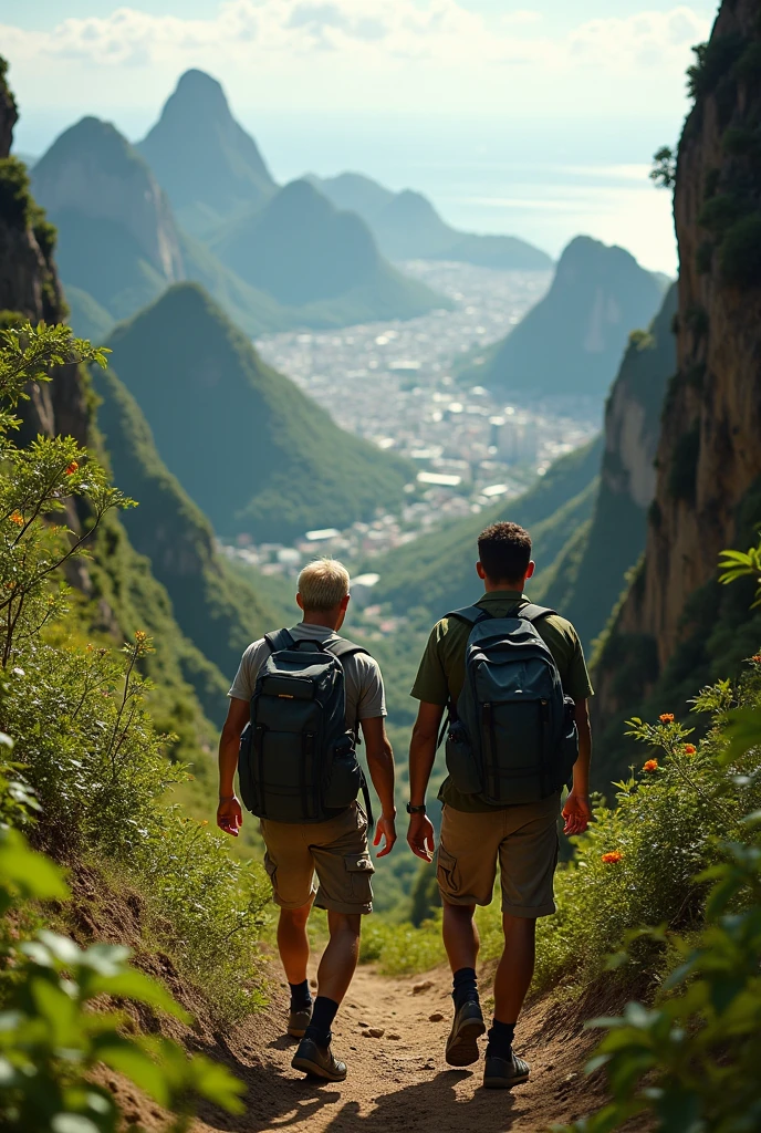 military man together with old blond friend , stark , medium straight hair hiking in the mountains of Rio de Janeiro 