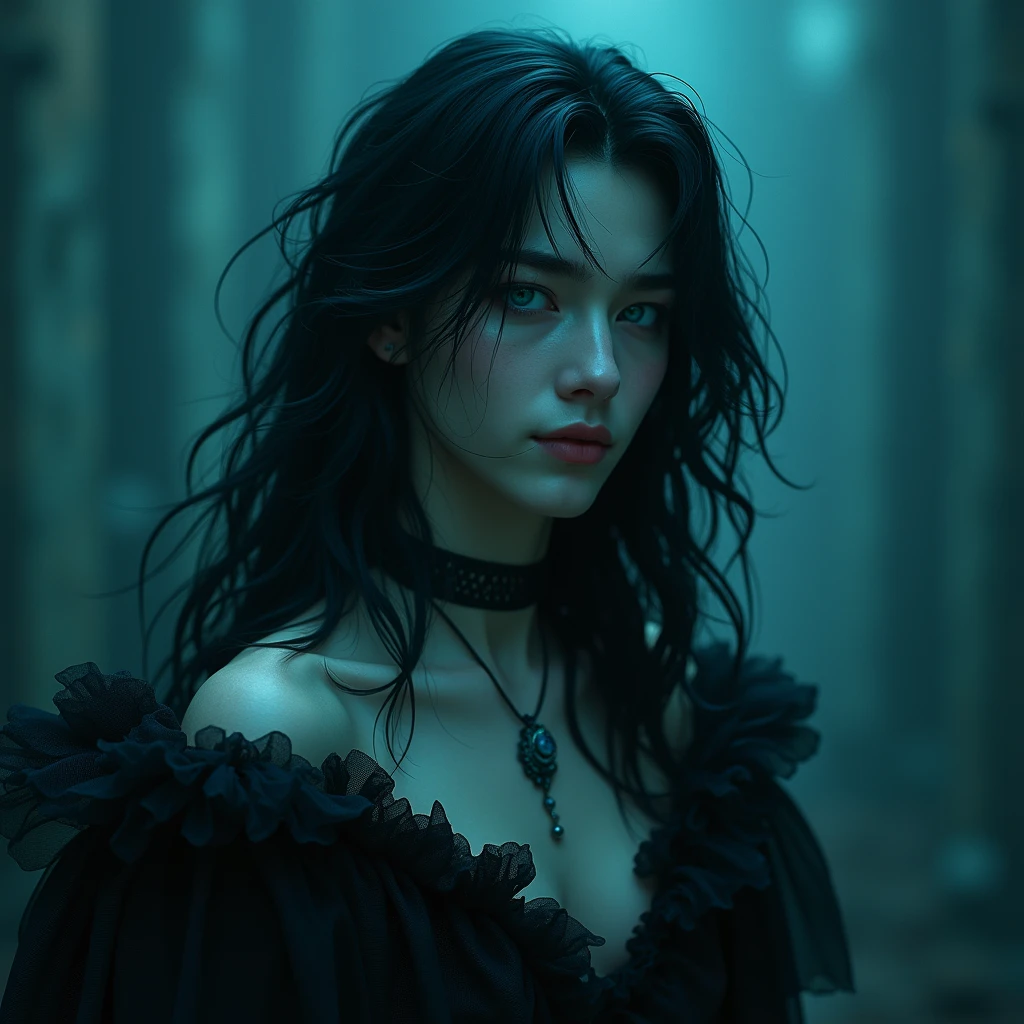 Long black hair. Teal blue eyes, Male, Blue and black frilly gothic clothes, Surrealism, Sexy, Masterpiece, Shiny, Gloomy effects, 8k, super detail, Shiny, Beautifully detailed, Pretty drawn. Anime style. Sexy pose, hot. Seductive pose. Doll style. 