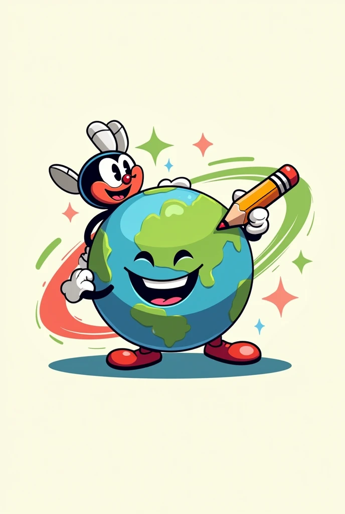 Smiling planet logo , cartoon type cuphead with a pencil making a colored stroke around him