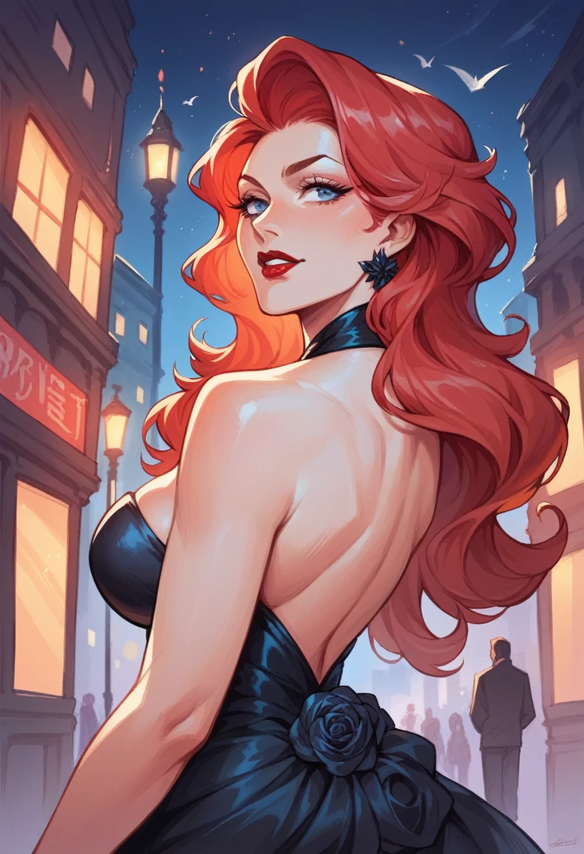 beautyful mature woman, black gala dress, redhair, red hair, long hair, blue eyes, red lipstick, encorped body, in city, night