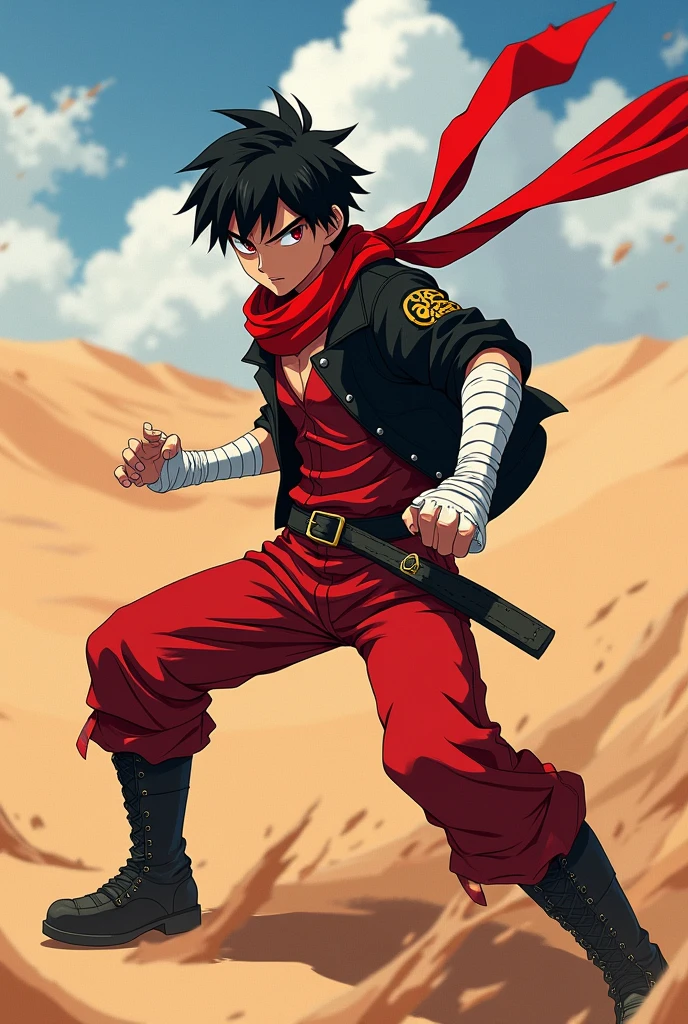 An anime character:
male gender, black short hair, Eyes red, dark brown skin.
Wears white bands tied around his arms.
His clothes are red and black in color., leather boots, Red scarf.
is in a fighting position.
the background is in the desert.