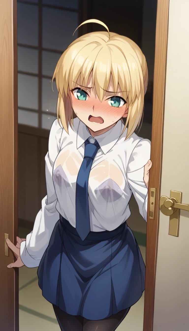 White long sleeve shirt、Blue tie、Blue Skirt、Black tights、bionde、Ahoge、Short Hair、A face that is trying to endure pleasure、sabias、、The scene where he opened the door and came out、Like the whole body、Sweaty、blush、Nipple erection、Costume see-through with sweat、後ろから間桐桜に胸を揉まれるsabias、Shooting from behind、遠坂凛と会話するsabias