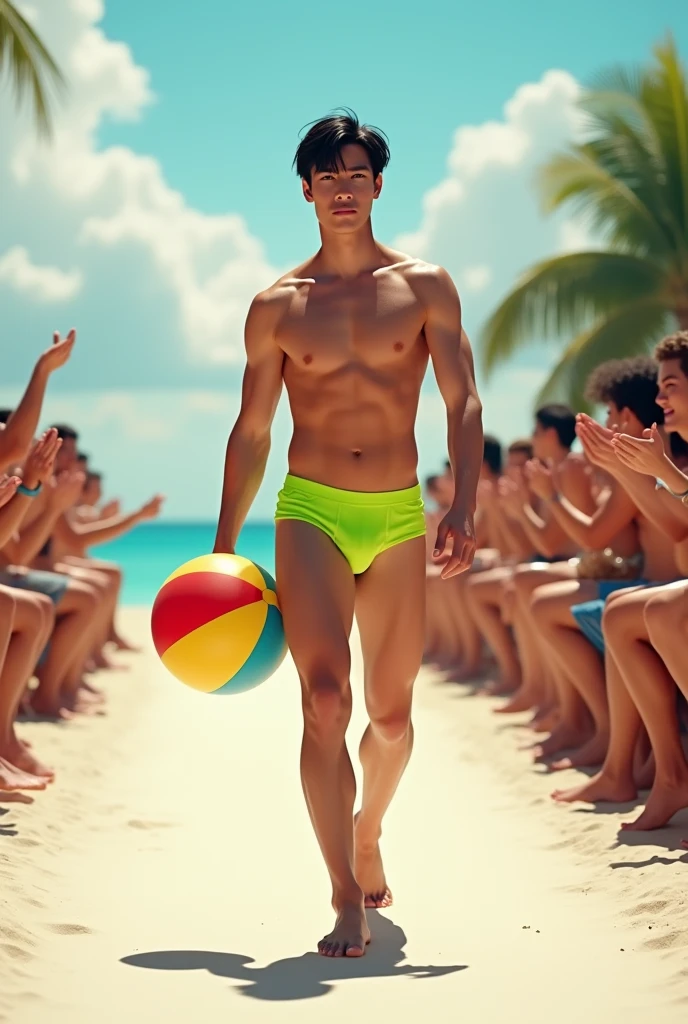 Young cute and handsome beautiful face skinny white beautiful skin color soft white shirtless with fluorescent green boxers short black hair on a catwalk of men beach ball in his hand the public applauds him and celebrates with bubble white man tall thin sincerity