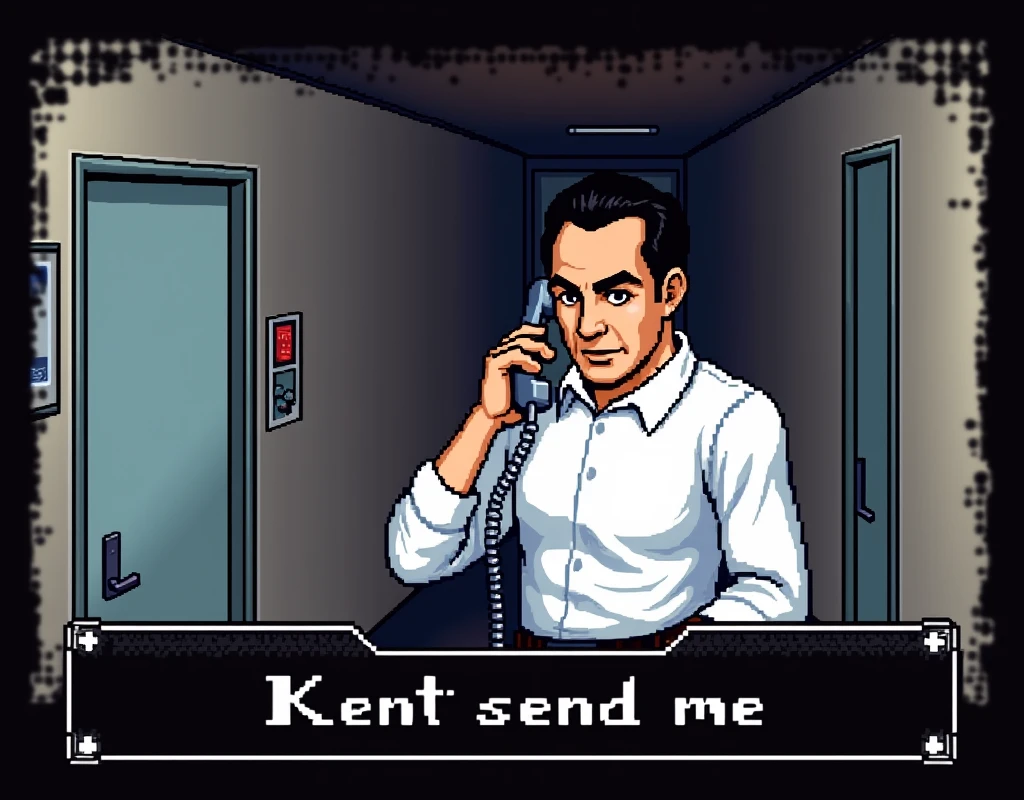 a pixelated image from the video game Leisure Suit Larry, from 1988, 8bit colors, a short man with black receding hairline and bushy black eyebrows, dressed in a long-sleeved white shirt, talking to an intercom next to a closed door in a hallway on a building floor, at the bottom the text "Kent sent me" in white pixelated letters on black square, video game frame, full body view, top angle view,
