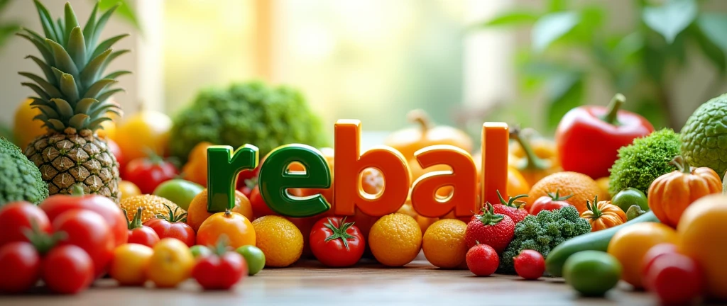 GENERATE A BACKGROUND OF FRUITS AND VEGETABLES WITH THE WORD REBAL that looks very very realistic