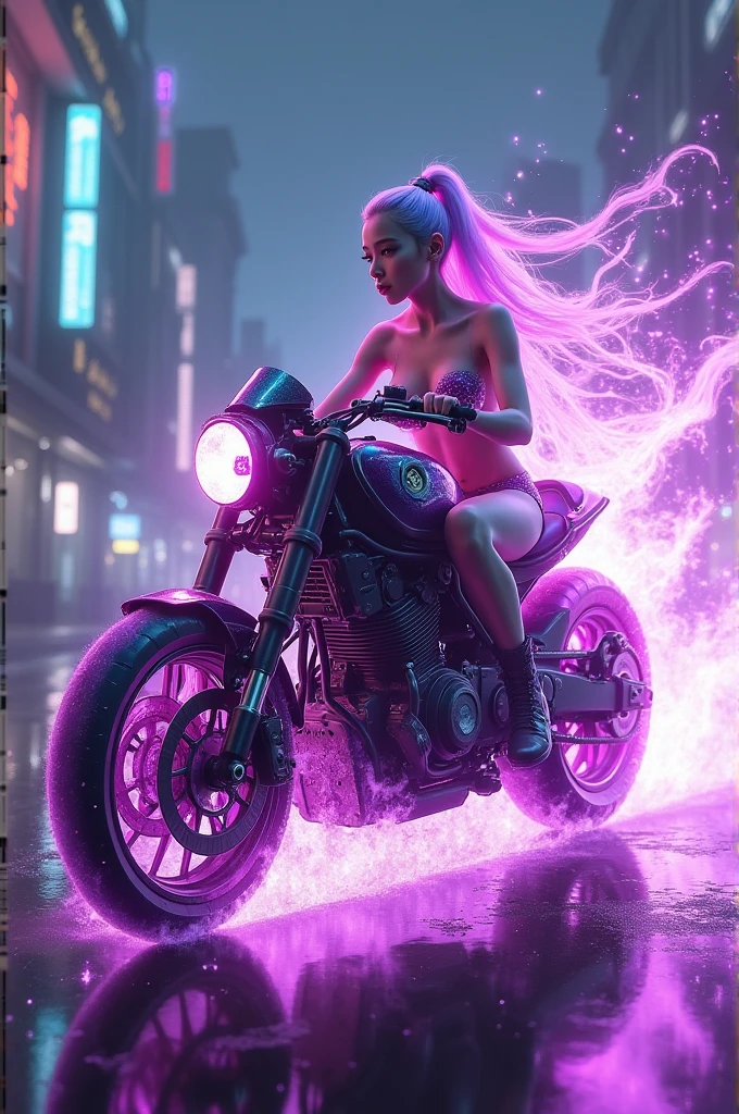 Create an image of a purple fire bike and the rider being a hentai drizzle