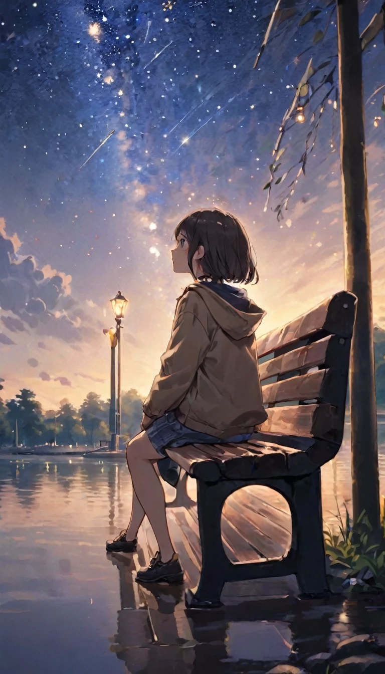 (((Parks by the river、A dignified summer night sky、Full of stars、milky way、shooting star:1.7)))、Young people、15 years old、Highest quality、masterpiece、(((Night Time:1.5、dark、Sit on a bench and look up at the stars:1.37、Sit on the floor and look up at the sky:1.2、Look at the sky:1.37)))、one person's、Extremely delicate facial and skin texture、White Summer Knitwear、Black long skirt、Everyday Scenes、Pleasant sunshine、In perfect harmony with nature、relaxation、