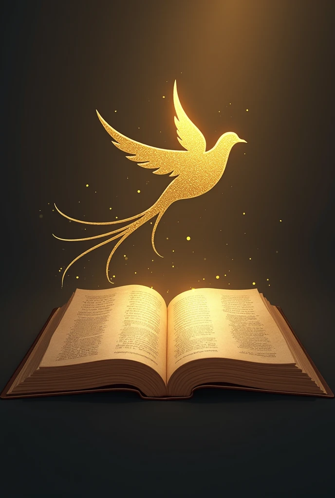 create a logo with a thin dove with its long tail that the dove is golden that its tail follows a path, and an open bible where the dove follows the path or separator of the bible
