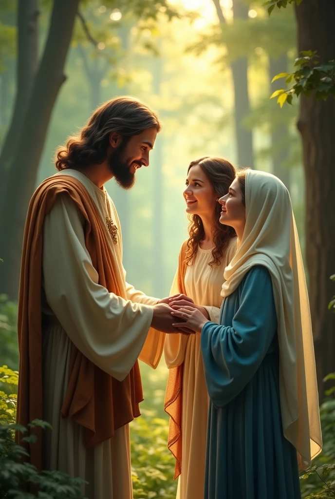 three people, sendo elas: JesusChrist, Our Lady of Fatima is an adult woman with blue eyes and brown hair but with light highlights., deep in a forest, where they are looking at each other holding hands happily