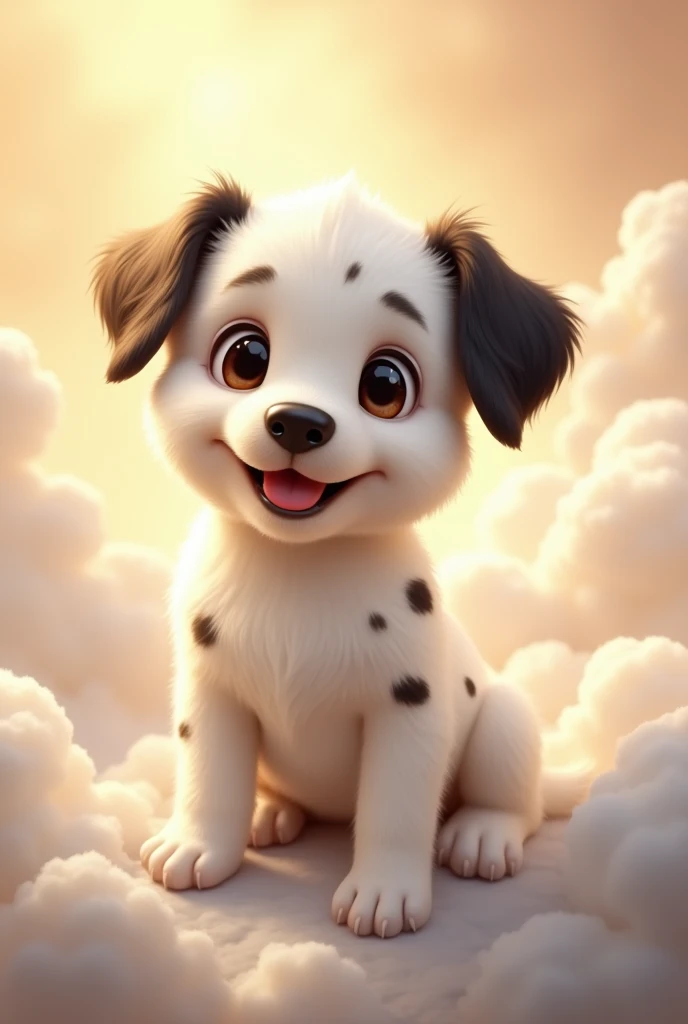 You can create a white puppy with black spots, with brown eyes that is in heaven sitting and happy 
