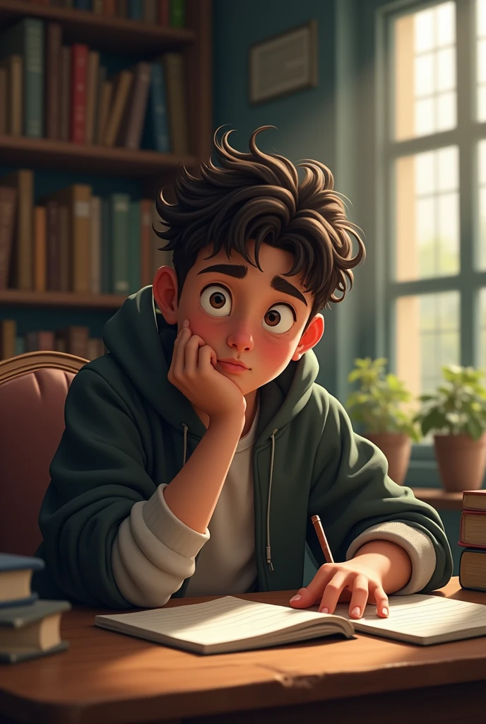 Generate an image of a boy who is thinking about which university career he will enter.