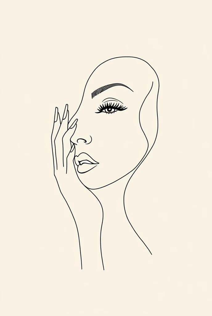 Minimalist drawing in lines without shadows of a woman's face with emphasis on eyelashes and nails for use in a logo