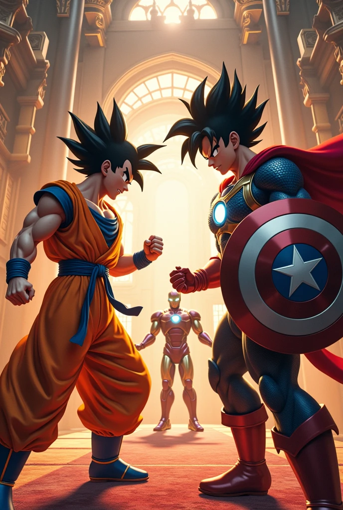 Create me an image where Goku and Vegeta are dressed elegantly fighting against Airon Man and Captain America