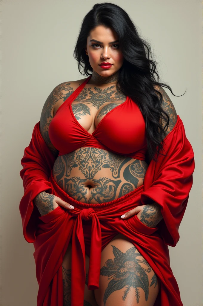 arafed woman with tattoos and a red robe posing for a picture, hyperrealistic full figure, extremely detailed woman, hyper realistic illustration, hyperrealistic illustration, tattooed body, a portrait of a plump woman, heavy ink, photorealistic illustration, ultra realistic illustration, ultrarealistic illustration, fully tattooed body, inked and colored, tattooed pinup