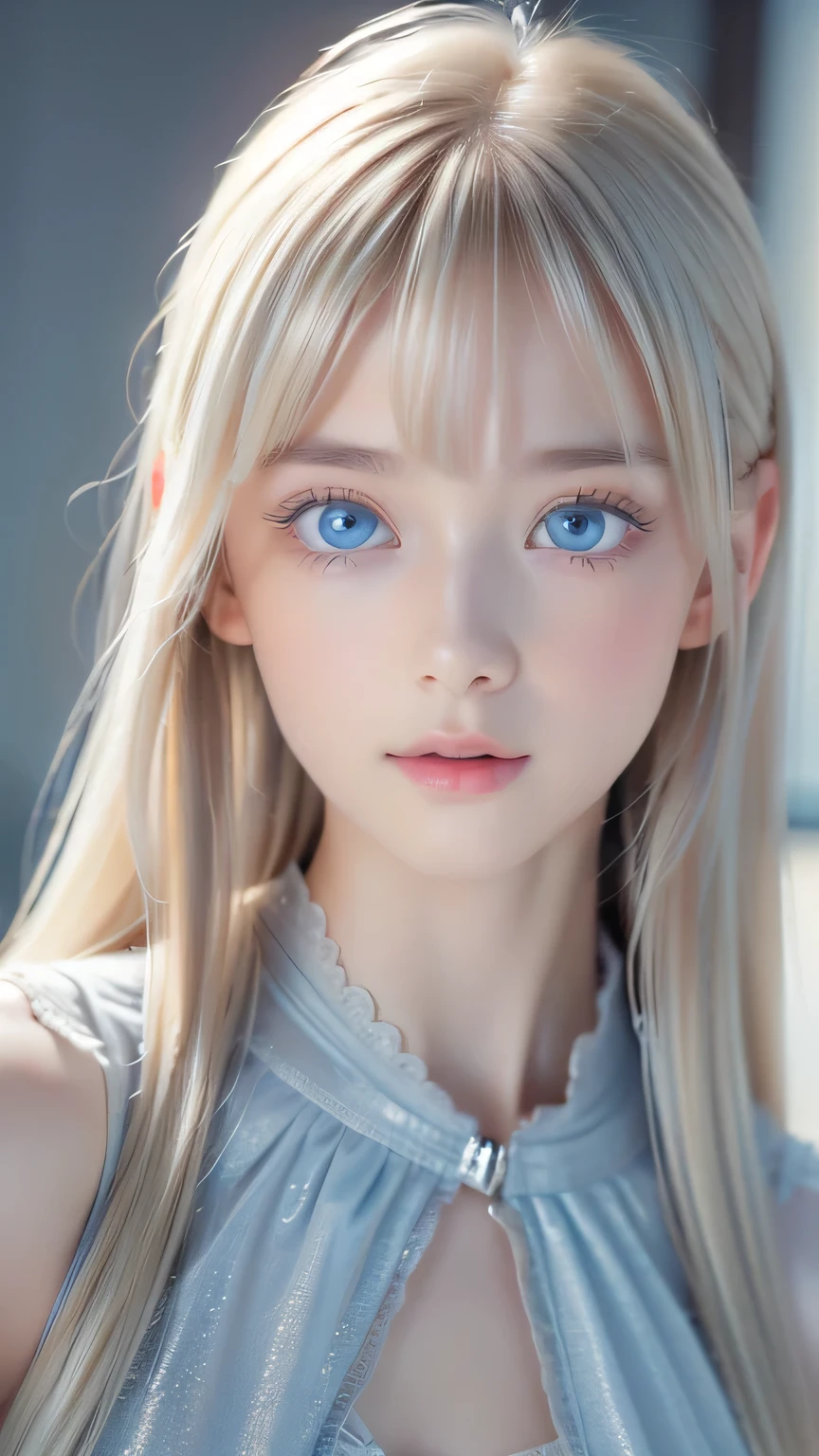 highest quality、8K Masterpiece、Ultra-high resolution、(Realistic:1.3)、RAW Photos、14 year old girl of Scandinavian descent with shiny blonde hair、Silvery blonde hair、Super long straight hair、Bangs between the eyes、bangs over eyes、片bangs over eyes、Bangs between the eyes、White and lustrous skin、1. Cyberpunk Super Beautiful Soldier、((Ultra-Realistic Details))、Portraiture、Global Illumination、Shadow Realm、Octane Rendering、8K、Super sharp、Metal、Cold colors、、Very intricate details、Realistic Light、CG Association Trends、Very beautiful, large light blue eyes、Very big eyes、Eyes shining towards the camera、Neon Details、Small Face Beauty、Round face、Cheek highlight