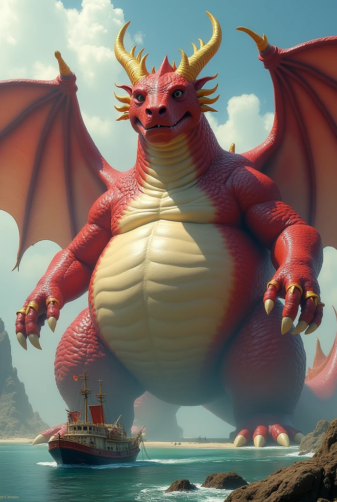He is a red dragon, Cool, It has golden horns, Wings with hands, The world's most super tall and extremely obese dragon, So that the boat touches the ground, The size is bigger than the country., It is fat and has wings and uses various magic. It is fatter and its facial features are so thick that it is bigger than its face and it is fat and huge and its belly is 4 times as big. The dragon uses various magic to become fatter.!!!! The stomach swells up several times!!! The belly is bigger than the body. The belly touches the ground and the body is long. It is 10 heads tall.