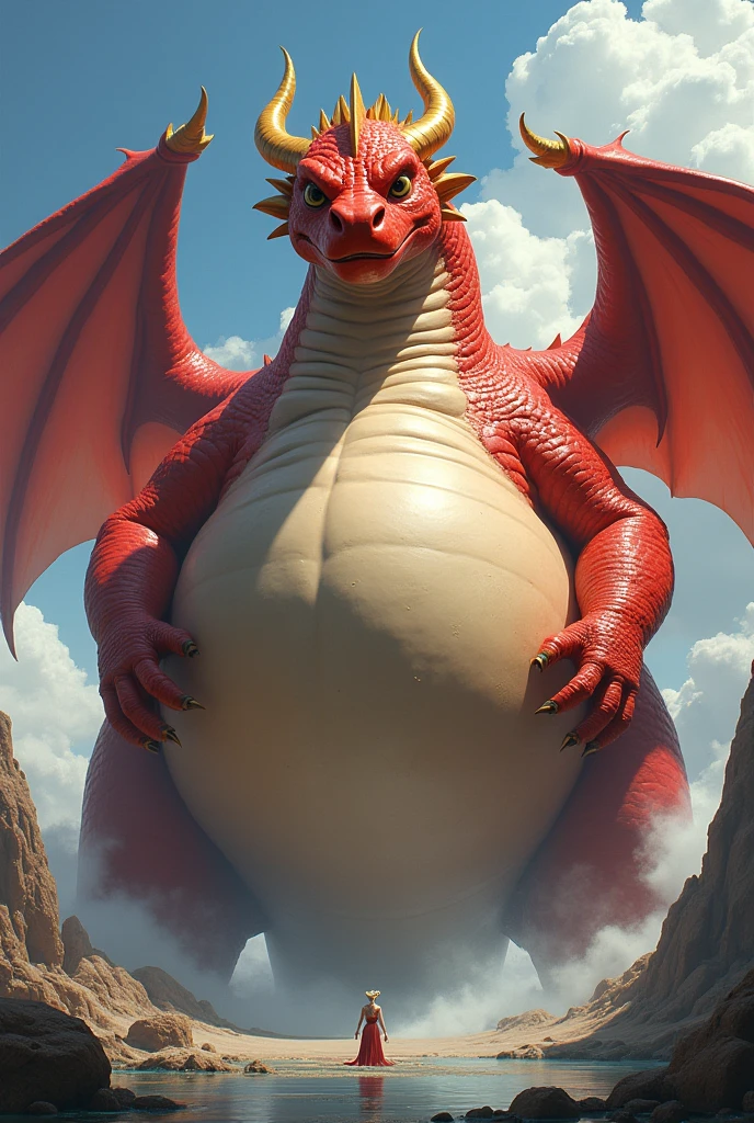 He is a red dragon, Cool, It has golden horns, Wings with hands, The world&#39;s most super tall and extremely obese dragon, So that the boat touches the ground, The size is bigger than the country., It is fat and has wings and uses various magic. It is fatter and its facial features are so thick that it is bigger than its face and it is fat and huge and its belly is 4 times as big. The dragon uses various magic to become fatter.!!!! The stomach swells up several times!!! The belly is bigger than the body. The belly touches the ground and the body is long. It is 10 heads tall.