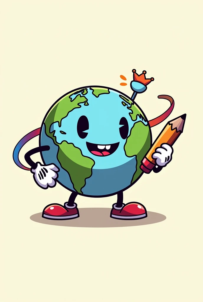 Smiling planet logo , cartoon type cuphead with a pencil making a colored stroke around him