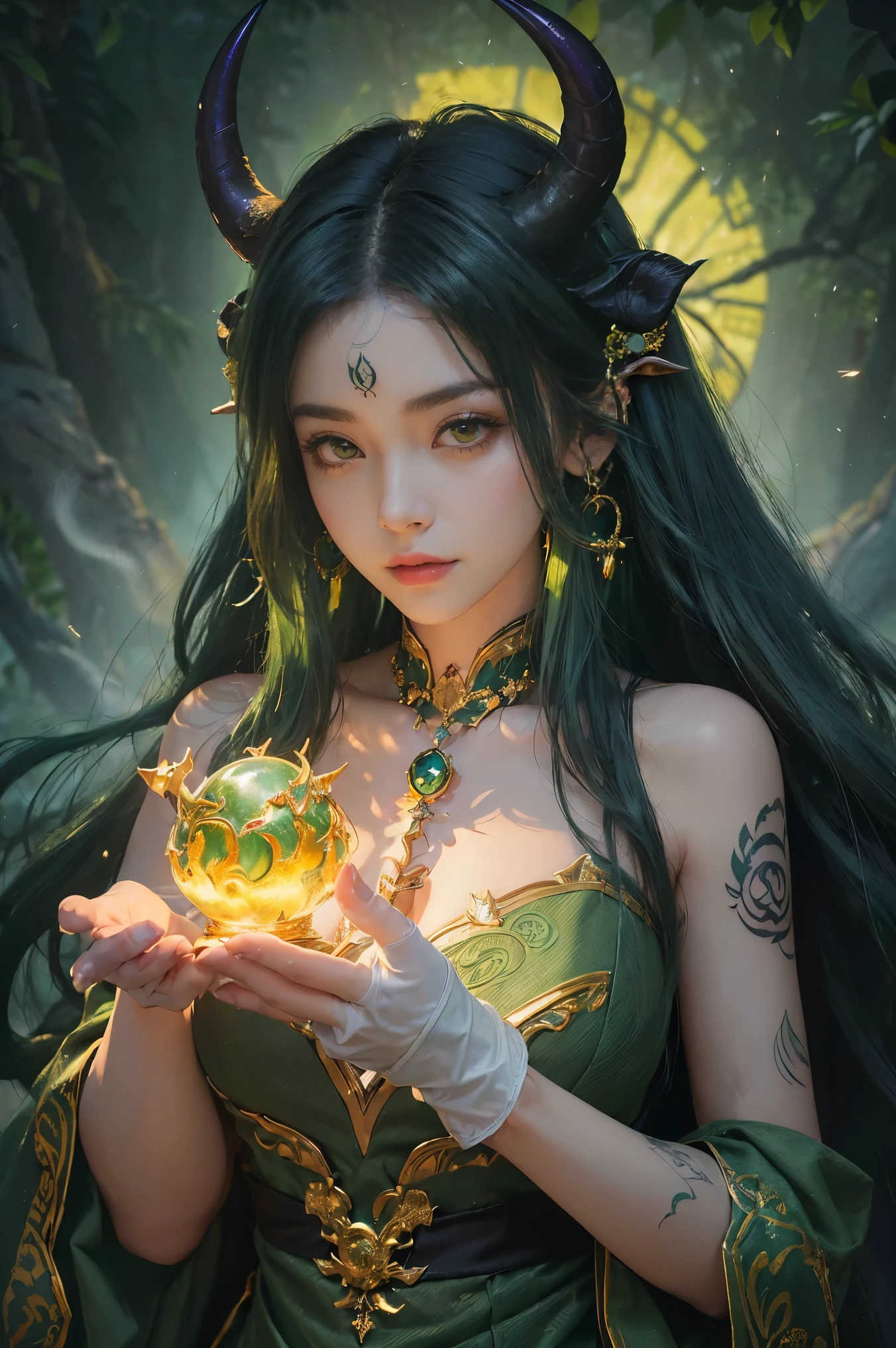 ( Absurdly , high quality , Very detailed,View Photographer)、(((Dark Green Hair,Hair Access)))、Queen of the Divine Beast Kirin、A gorgeous green dress of the divine beast Kirin, beautifully colored down to the last detail.、A gorgeous green costume modeled after the divine beast Kirin、(((The four horns of the divine beast Kirin on its head)))、Scale pattern short boots、(((Earrings、Gloves)))、((Tattoo))、Queen of Queens、(masterpiece, 最high quality, 最high quality, Official Art, Beauty and aesthetics: 1.2), (One person: 1.3)、(((A majestic, beautiful and fantastic natural background)))