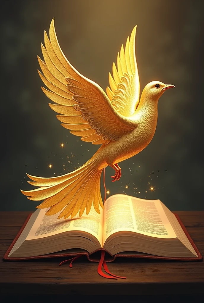 create a logo with a dove with a long tail that the dove is golden that its tail follows a path, and an open bible where the dove follows the path or separator of the bible