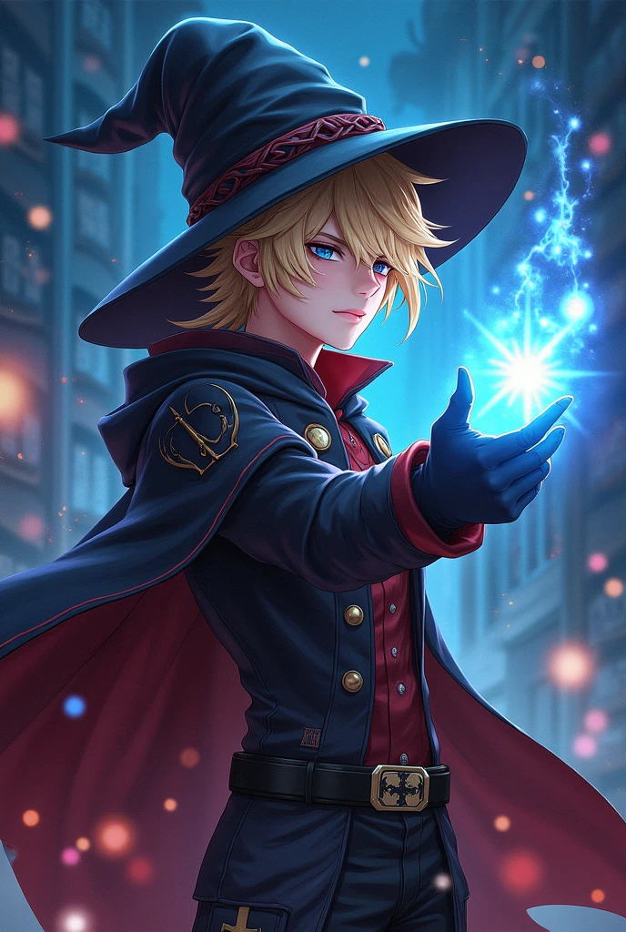 Young male wizard, blonde hair shaved on the sides, wizard hat, with black and red clothes , night scene, anime styling.